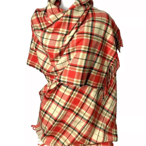J.Crew Factory Scarf Long Plaid Shawl Wrap Fringe Tan Orange 74 x 24 - Picture 3 of 10
